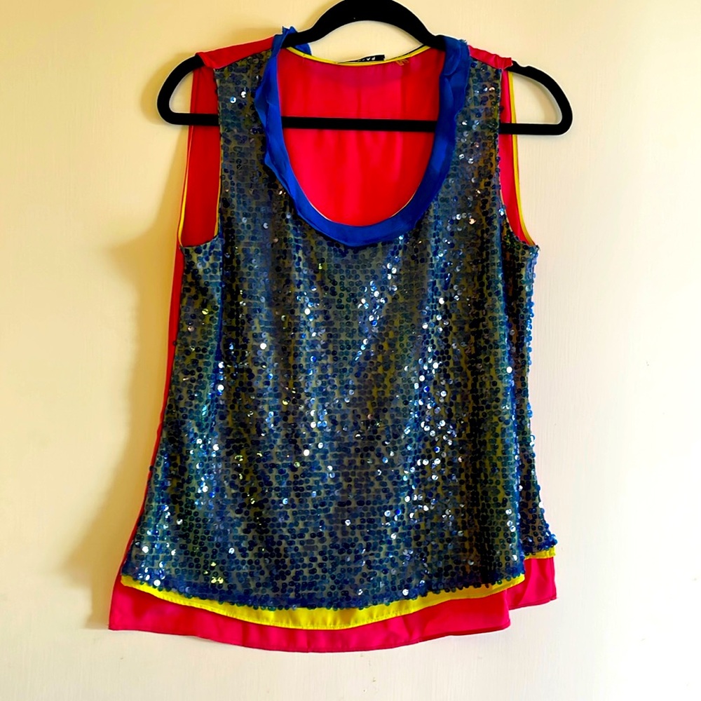 T Tahari colorblock sequin tank pink blue yellow small unique sequence
